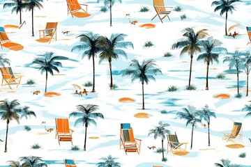 Seamless pattern of tropical plant,sun and camera painted in watercolor.For fabric and wallpaper.Natural tropical Background.Suitable for summer.Aroha Hawaii Background. Generative AI - obrazy, fototapety, plakaty