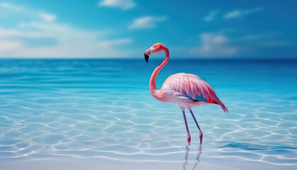 Pink flamingo standing in the water in a tropical country - obrazy, fototapety, plakaty