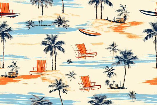 Seamless pattern of tropical plant,sun and camera painted in watercolor.For fabric and wallpaper.Natural tropical Background.Suitable for summer.Aroha Hawaii Background. Generative AI