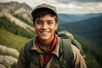 A portrait boy scout boy in the mountain,International Boy Scout Day Concept 2024
