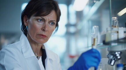 Experienced female scientist meticulously examining samples