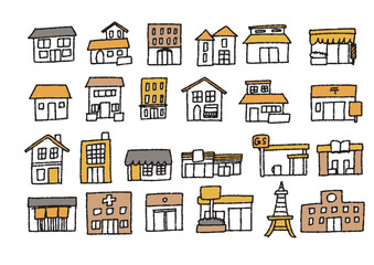 さまざまな形の家や商店やビルの手書きイラストセット