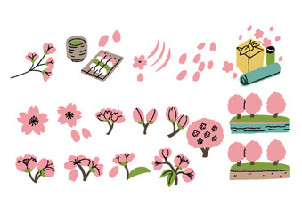 春の桜の手描きイラストセット
