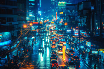 Night city street view. Colorful cityscape.  AI generated