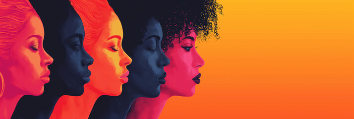 Silhouettes of multiracial women in profile, representing empowerment and diversity, ideal for Women's Day or Women's History Month themes.