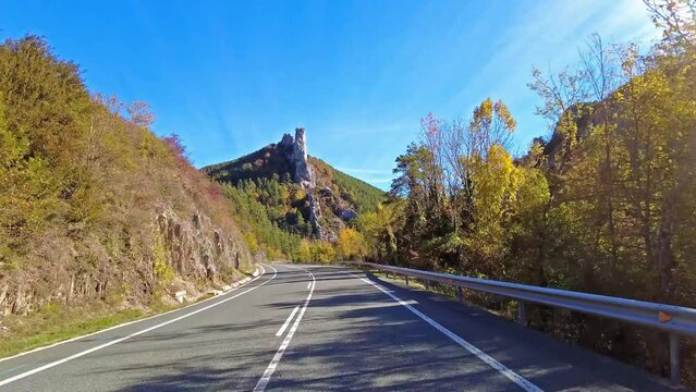 Driving through the Salazar Valley, Valle de Salazar in Navarre, Navarra in Spain, Europe