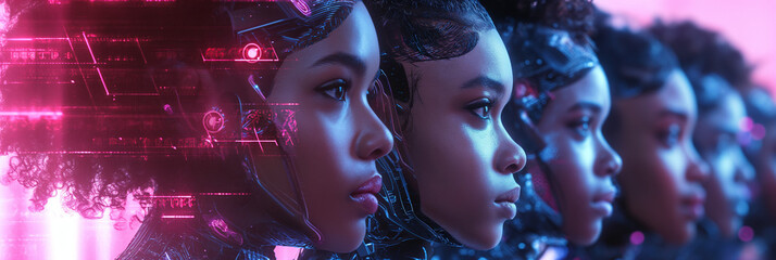 Futuristic image celebrating multicultural feminism with AI women, suitable for Women's Day and Women's History Month themes. - obrazy, fototapety, plakaty