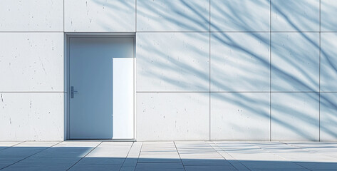 3d rendering of an open door in a white building with shadow