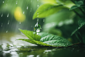 A close-up shot of a raindrop about to fall from a leaf, with a focus on reflection and the vibrant greenery around it, creating a fresh and pure atmosphere