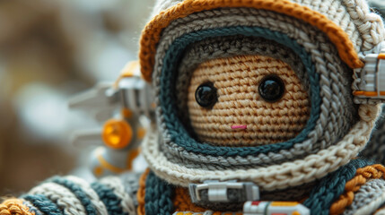 An image of a knitted astronaut, complete with a detailed spacesuit and a small space shuttle. - obrazy, fototapety, plakaty
