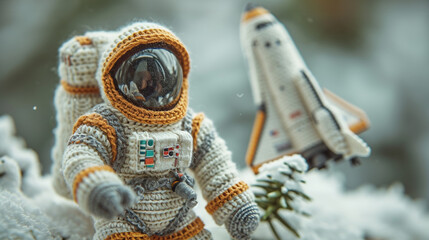 An image of a knitted astronaut, complete with a detailed spacesuit and a small space shuttle.