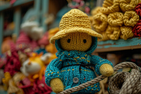 A scene showing a knitted firefighter, equipped with a hose and a fireman's helmet.