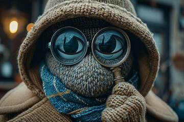 An illustration of a knitted detective, with a magnifying glass and a classic trench coat. - obrazy, fototapety, plakaty