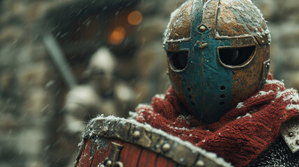 A portrayal of a knitted knight, in armor, with a miniature sword and shield. - obrazy, fototapety, plakaty