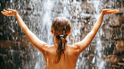 Fototapeta premium Serene Pose with Arms Outstretched under a Waterfall