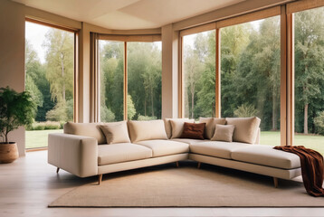Beige corner sofa against of big windows. Minimalist interior design of modern living room in...