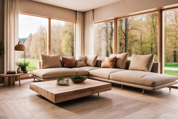 Beige corner sofa against of big windows. Minimalist interior design of modern living room in country house in forest 
