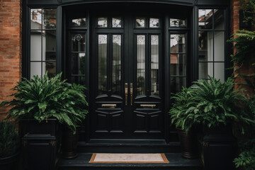 Black front door, front door of a house adorned potted plants. Front door, black front door