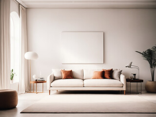 Blank canvas: a minimalistic white wall in a modern home interior. Empty photo frame layout on the wall, 3d interior design