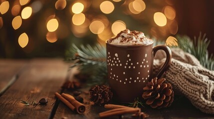 A Christmas mug of hot chocolate nestles against a warm bokeh background, Ai Generated.