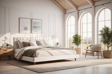 Obraz premium Farmhouse Interior home design of modern bedroom with wooden bed and white mattress with large and luxurious window