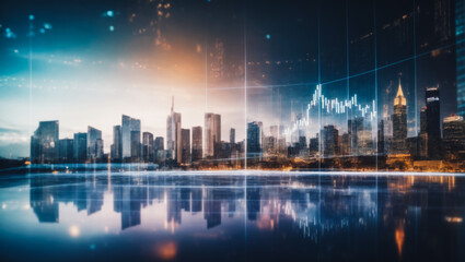 Double exposure of business chart and cityscape background. Investment and trading concept. Trading market and economic concept . cryptocurrency, bitcoin and altcoin trading