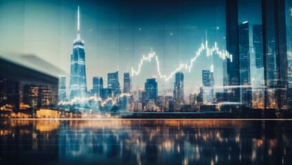 Double exposure of business chart and cityscape background. Investment and trading concept. Trading...