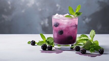 The image shows a glass of purple drink with ice, mint, and blueberries, Ai Generated