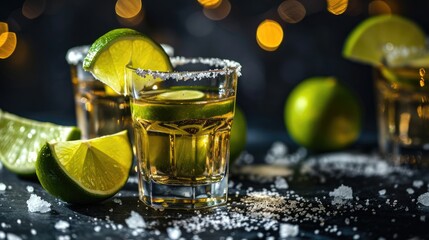 The glasses of tequila with lime slices on a table, Ai Generated