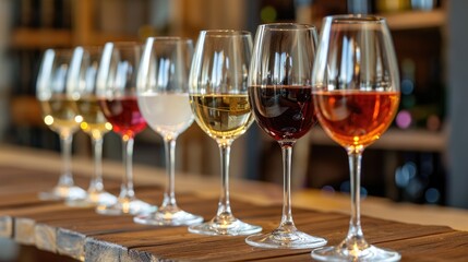 A row of wine glasses filled with different types of wine on a wooden table in a restaurant, Ai Generated