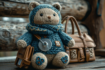 A depiction of a knitted doctor, with a stethoscope and a small doctorвАЩs bag. - obrazy, fototapety, plakaty