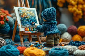 An artistic portrayal of a knitted artist, with a tiny easel and a palette of colorful yarns. - obrazy, fototapety, plakaty