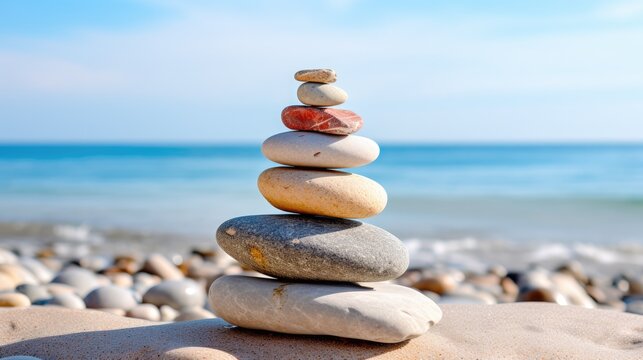 This image shows a stack of rocks on a beach next to the ocean, Ai Generated