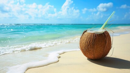 Sipping coconut drink on a stunning ocean beach, Ai Generated.