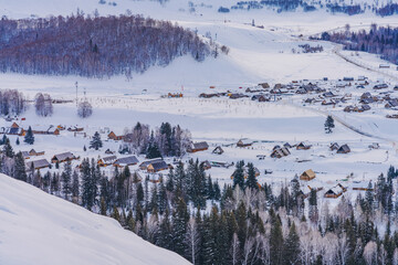Hemu Village, Snowy Mountains, Forests, and Winter Snow Scenery in Xinjiang Uygur Autonomous Region, China