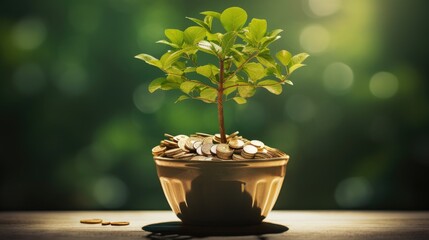 A flourishing green tree in a pot symbolizes investment income and growth, Ai Generated. - obrazy, fototapety, plakaty
