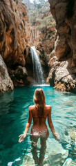  Scenic Journey of a Woman Through Crystal Clear Waters to a Cascading Waterfall