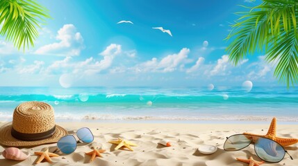 Fototapeta premium A tropical beach, complete with sunbathing accessories, invites relaxation, Ai Generated.