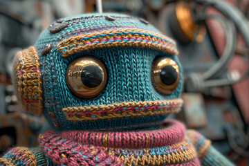 An image of a knitted robot, with intricate details and metallic-colored yarn. - obrazy, fototapety, plakaty