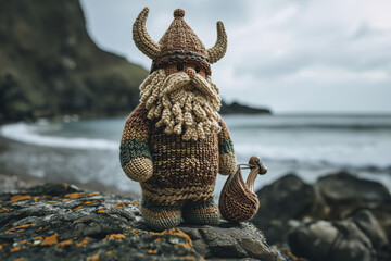A depiction of a knitted Viking, complete with a helmet and a tiny ship. - obrazy, fototapety, plakaty