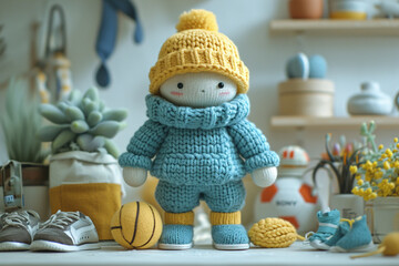 An illustration of a knitted athlete, in sportswear, with miniature sports equipment. - obrazy, fototapety, plakaty