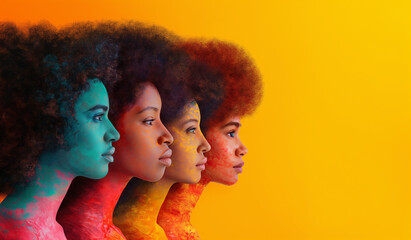 Profiles of multiracial women in vibrant colors symbolizing empowerment and diversity, suitable for Woman's Day and Women's History Month. - obrazy, fototapety, plakaty