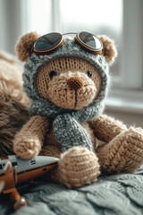 A scene of a knitted aviator, with a small airplane and aviator goggles.