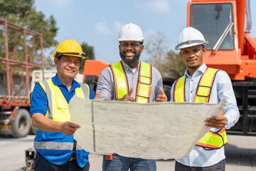 Diversity working team Asian Senior man supervisor foreman African American engineer and labor...
