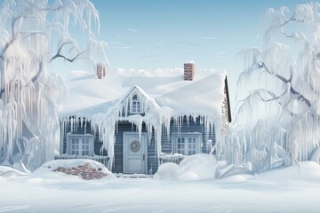 Illustration of house covered in ice and snow, with a window featuring icicles. Depicts extreme weather, dangerous freezing blizzard in winter time. Generative AI - obrazy, fototapety, plakaty