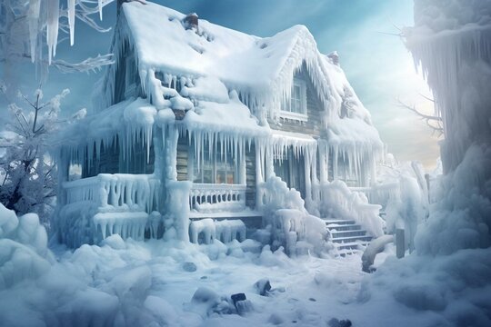 Illustration of house covered in ice and snow, with a window featuring icicles. Depicts extreme weather, dangerous freezing blizzard in winter time. Generative AI