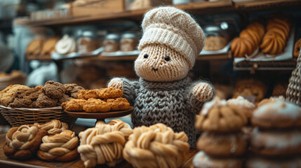 An artistic portrayal of a knitted baker, with a small chef's hat and a tray of knitted baked goods. - obrazy, fototapety, plakaty
