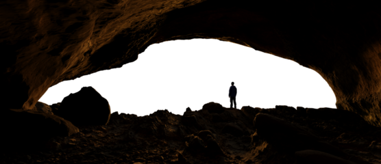 Adventure Man Hiker standing in Rocky Cave on top of a Mountain, Looking out. PNG Cutout. 3d Rendering