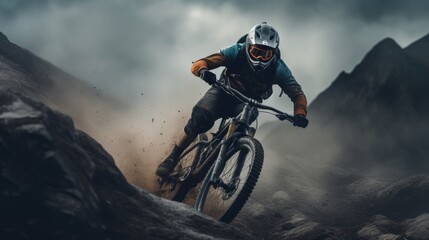 Obraz na płótnie Canvas a mountain biker in action, navigating challenging terrain with determination and skill, extreme sports, outdoor adventure