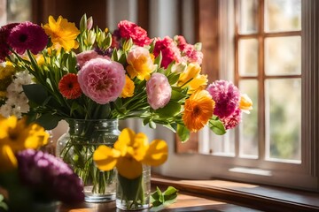  A radiant spring flower bouquet placed elegantly within a home interior.